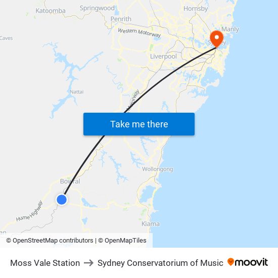 Moss Vale Station to Sydney Conservatorium of Music map