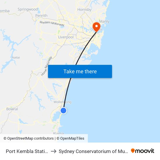 Port Kembla Station to Sydney Conservatorium of Music map