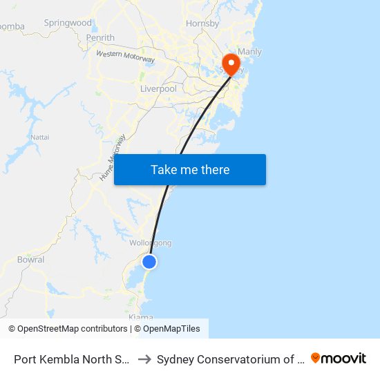 Port Kembla North Station to Sydney Conservatorium of Music map