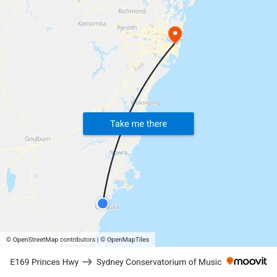 E169 Princes Hwy to Sydney Conservatorium of Music map