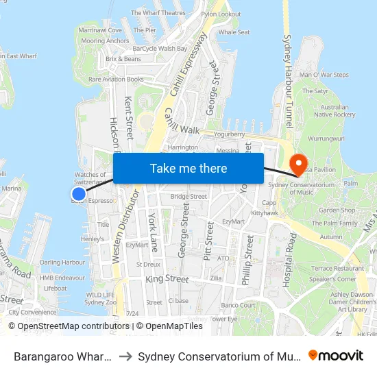 Barangaroo Wharf 1 to Sydney Conservatorium of Music map