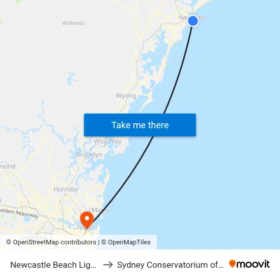 Newcastle Beach Light Rail to Sydney Conservatorium of Music map
