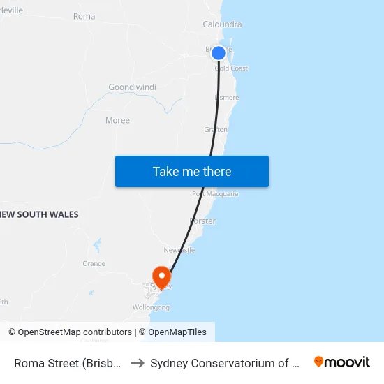 Roma Street (Brisbane) to Sydney Conservatorium of Music map