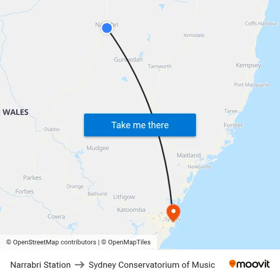 Narrabri Station to Sydney Conservatorium of Music map