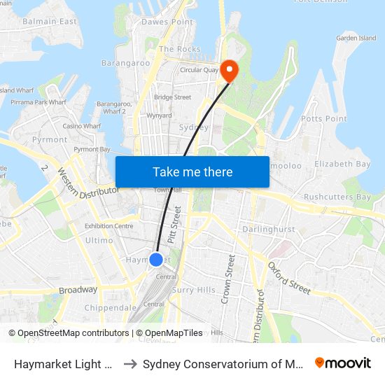 Haymarket Light Rail to Sydney Conservatorium of Music map