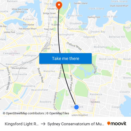 Kingsford Light Rail to Sydney Conservatorium of Music map