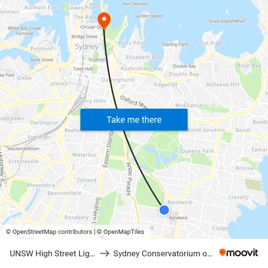 UNSW High Street Light Rail to Sydney Conservatorium of Music map
