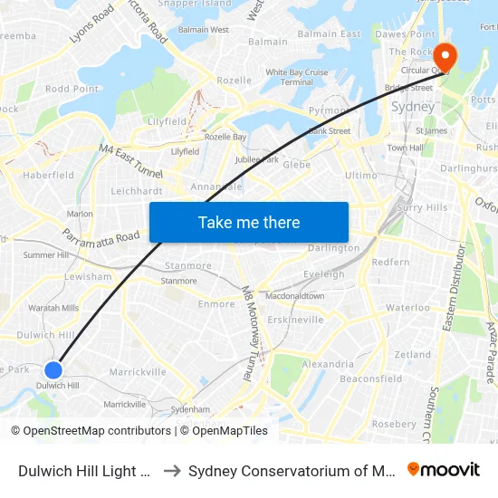 Dulwich Hill Light Rail to Sydney Conservatorium of Music map