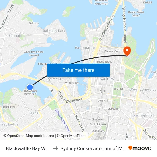 Blackwattle Bay Wharf to Sydney Conservatorium of Music map