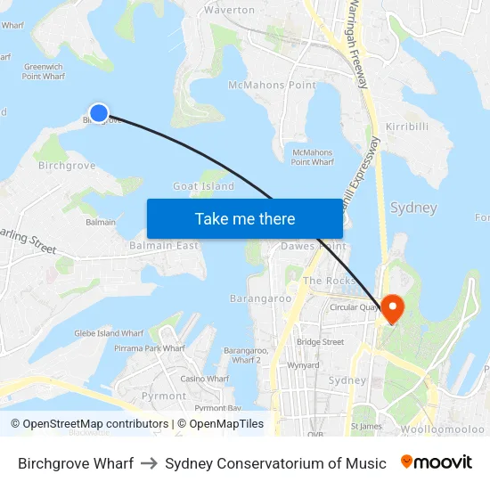 Birchgrove Wharf to Sydney Conservatorium of Music map