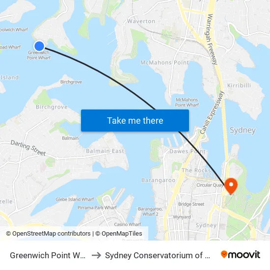 Greenwich Point Wharf to Sydney Conservatorium of Music map