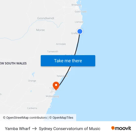 Yamba Wharf to Sydney Conservatorium of Music map