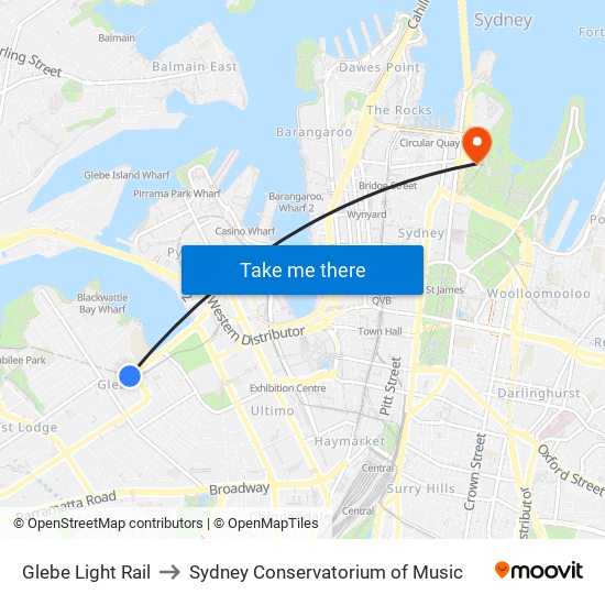 Glebe Light Rail to Sydney Conservatorium of Music map