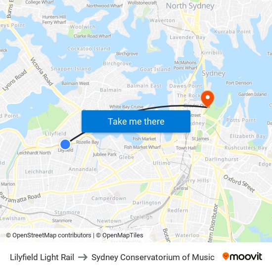 Lilyfield Light Rail to Sydney Conservatorium of Music map