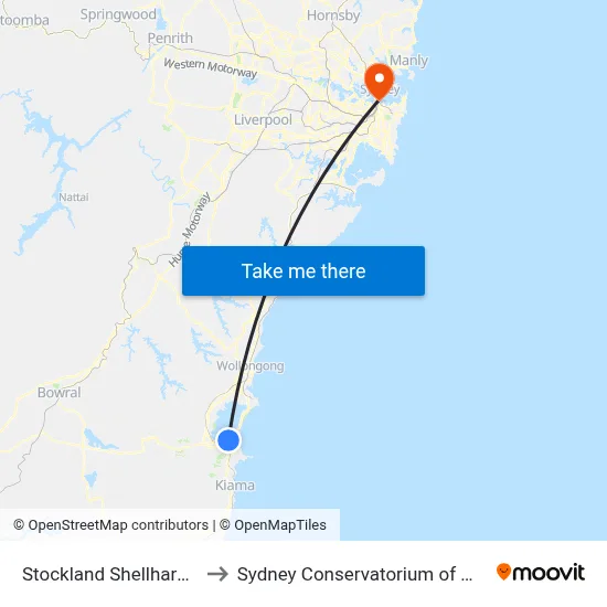 Stockland Shellharbour to Sydney Conservatorium of Music map