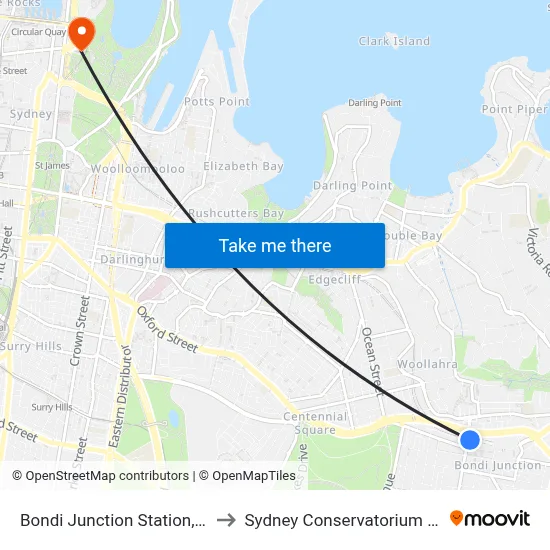 Bondi Junction Station, Stand G to Sydney Conservatorium of Music map