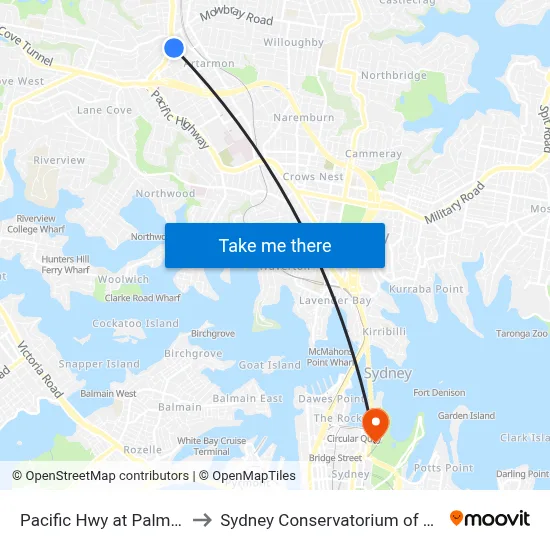Pacific Hwy at Palmer St to Sydney Conservatorium of Music map