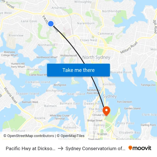 Pacific Hwy at Dickson Ave to Sydney Conservatorium of Music map
