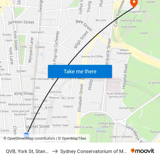 QVB, York St, Stand D to Sydney Conservatorium of Music map