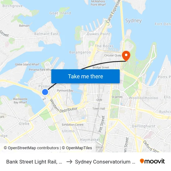 Bank Street Light Rail, Miller St to Sydney Conservatorium of Music map