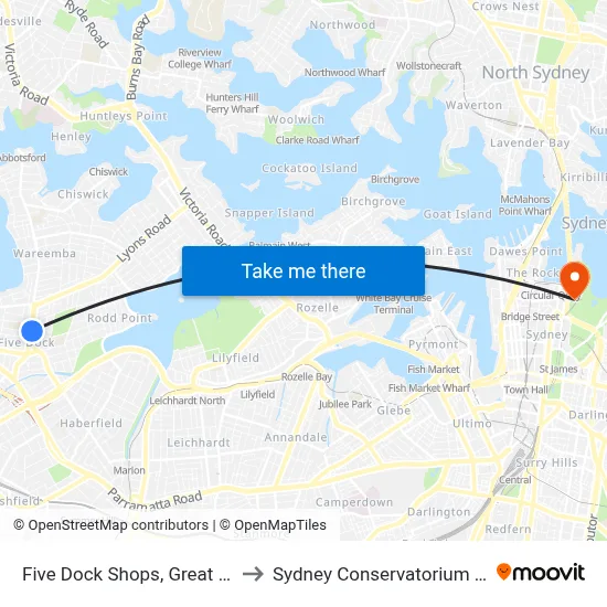 Five Dock Shops, Great North Rd to Sydney Conservatorium of Music map