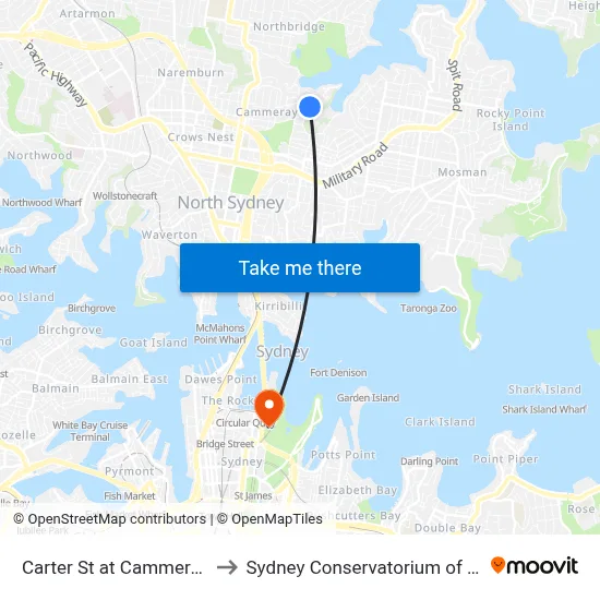 Carter St at Cammeray Rd to Sydney Conservatorium of Music map