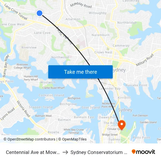 Centennial Ave at Mowbray Rd to Sydney Conservatorium of Music map