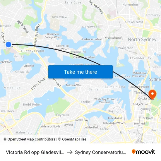 Victoria Rd opp Gladesville Hospital to Sydney Conservatorium of Music map