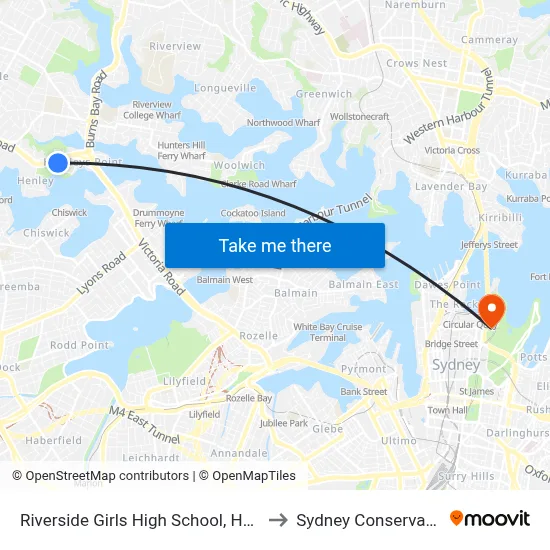 Riverside Girls High School, Huntleys Point Rd, Stand A to Sydney Conservatorium of Music map