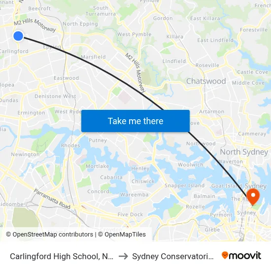 Carlingford High School, North Rocks Rd to Sydney Conservatorium of Music map