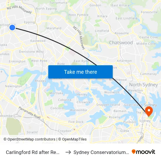 Carlingford Rd after Rembrandt St to Sydney Conservatorium of Music map