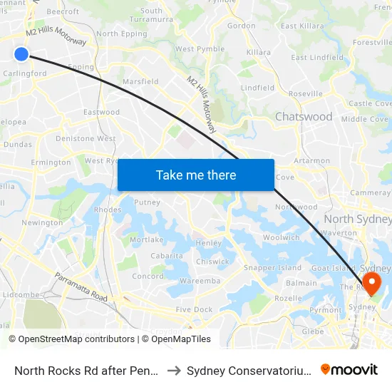 North Rocks Rd after Pennant Hills Rd to Sydney Conservatorium of Music map