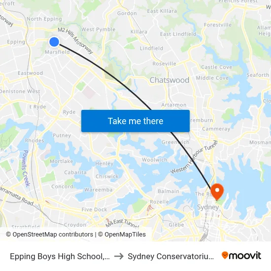Epping Boys High School, Vimiera Rd to Sydney Conservatorium of Music map