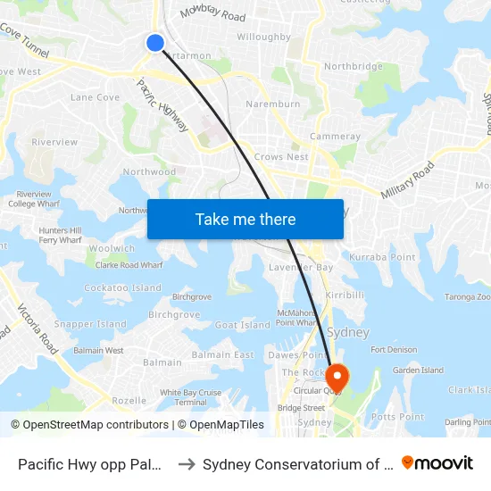 Pacific Hwy opp Palmer St to Sydney Conservatorium of Music map