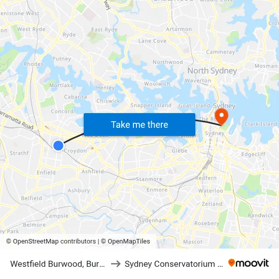 Westfield Burwood, Burwood Rd to Sydney Conservatorium of Music map