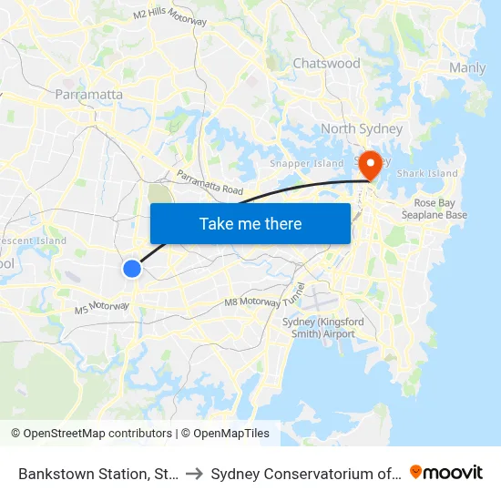 Bankstown Station, Stand A to Sydney Conservatorium of Music map