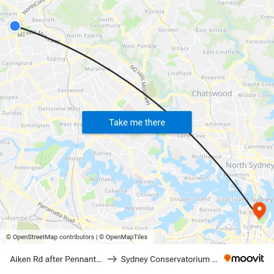 Aiken Rd after Pennant Hills Rd to Sydney Conservatorium of Music map
