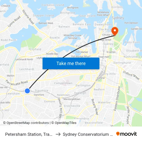Petersham Station, Trafalgar St to Sydney Conservatorium of Music map