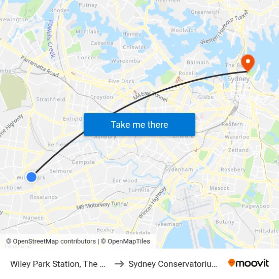 Wiley Park Station, The Boulevarde to Sydney Conservatorium of Music map