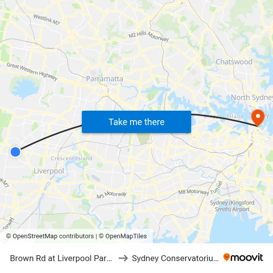 Brown Rd at Liverpool Parramatta Tway to Sydney Conservatorium of Music map