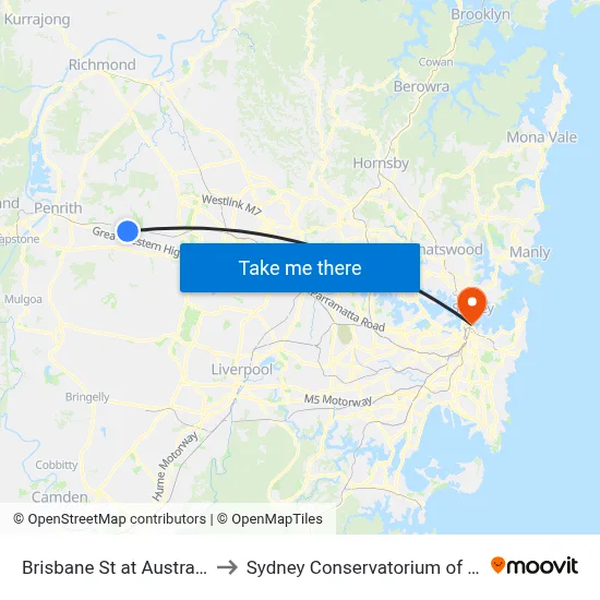Brisbane St at Australia St to Sydney Conservatorium of Music map