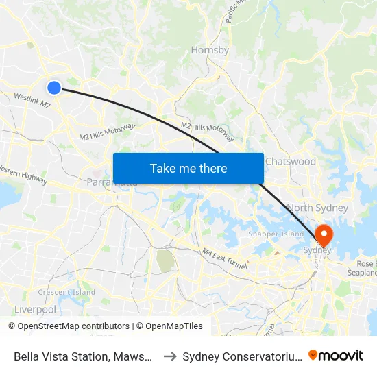Bella Vista Station, Mawson Av, Stand A to Sydney Conservatorium of Music map