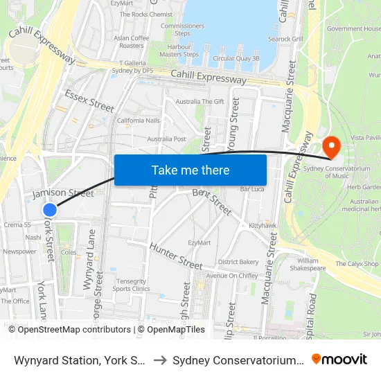 Wynyard Station, York St, Stand P to Sydney Conservatorium of Music map