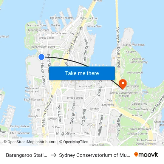 Barangaroo Station to Sydney Conservatorium of Music map
