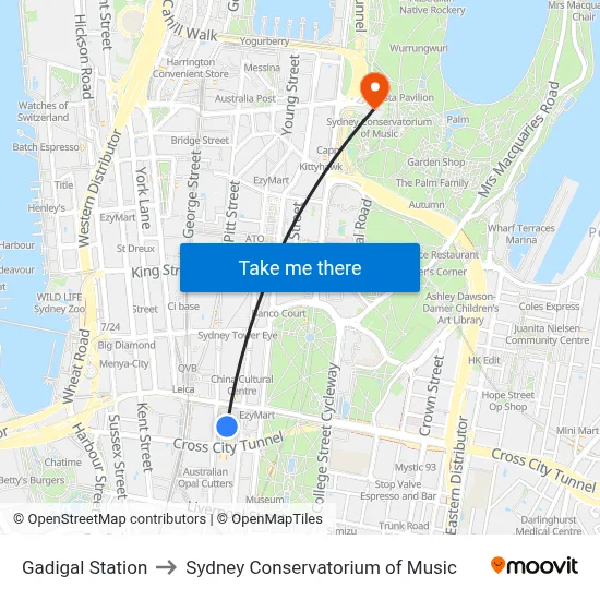 Gadigal Station to Sydney Conservatorium of Music map
