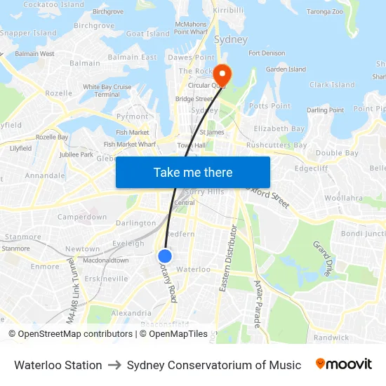 Waterloo Station to Sydney Conservatorium of Music map