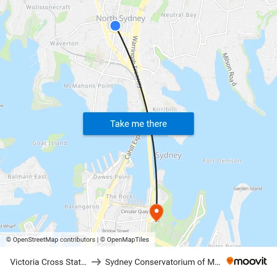 Victoria Cross Station to Sydney Conservatorium of Music map