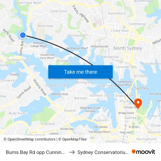 Burns Bay Rd opp Cunninghams Reach to Sydney Conservatorium of Music map