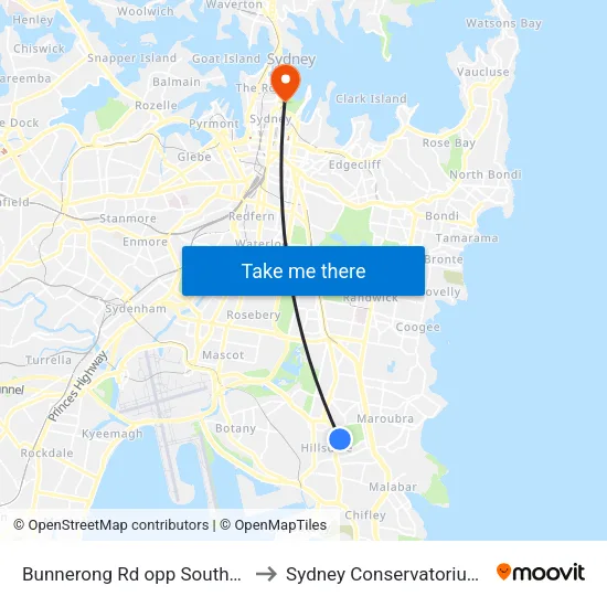 Bunnerong Rd opp Southpoint Shops to Sydney Conservatorium of Music map