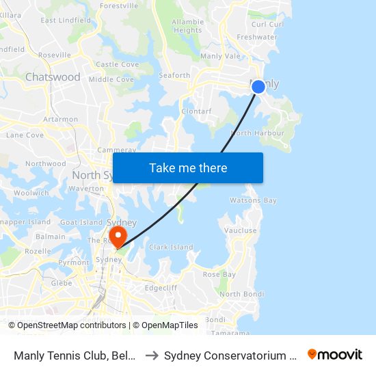 Manly Tennis Club, Belgrave St to Sydney Conservatorium of Music map